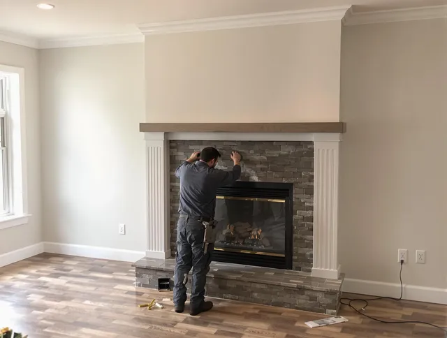 Corona Chimney Sweep finishing a custom fireplace install in Corona, CA